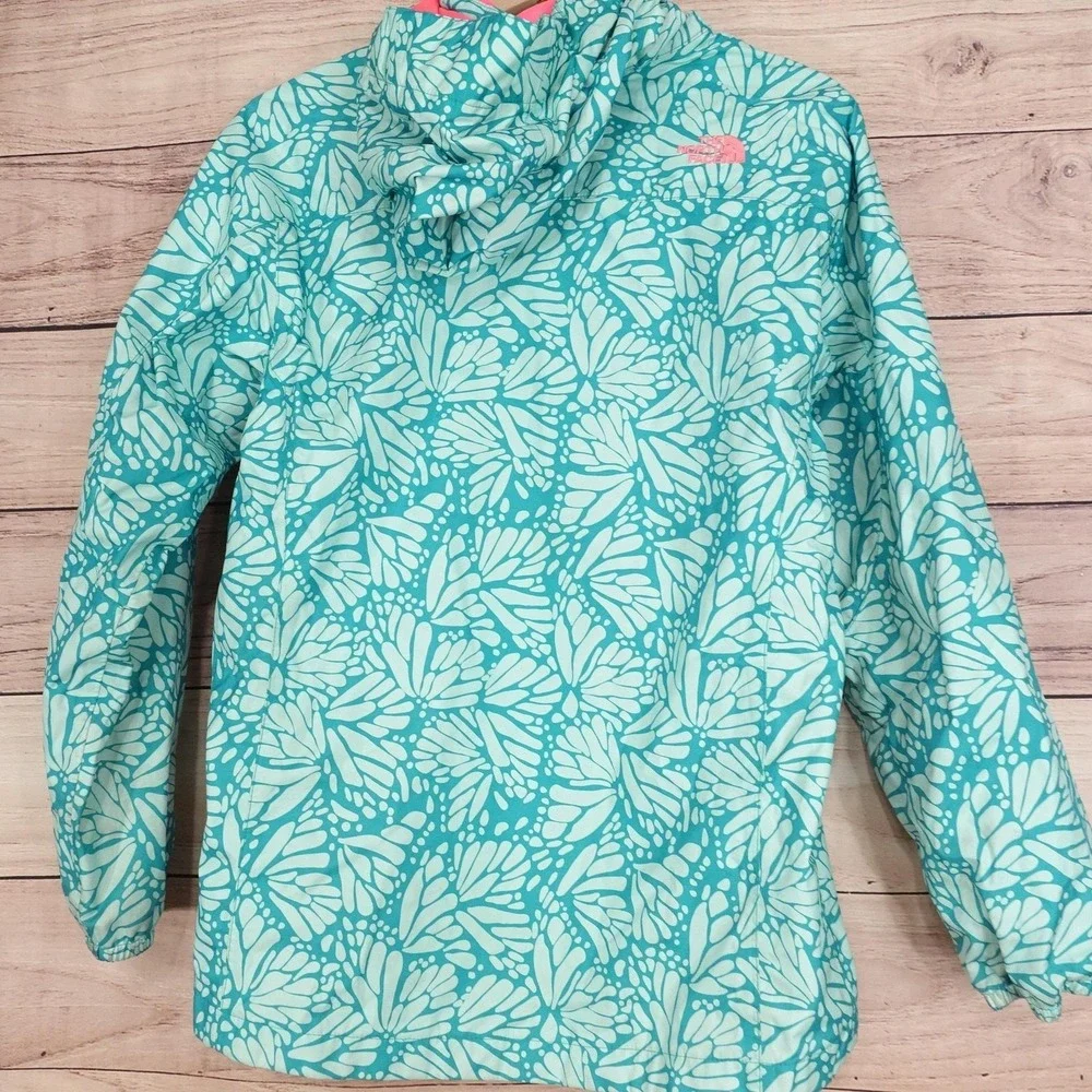 North Face Jacket Girls XL 18 Green Floral HyVent Hooded Rain Coat Waterproof